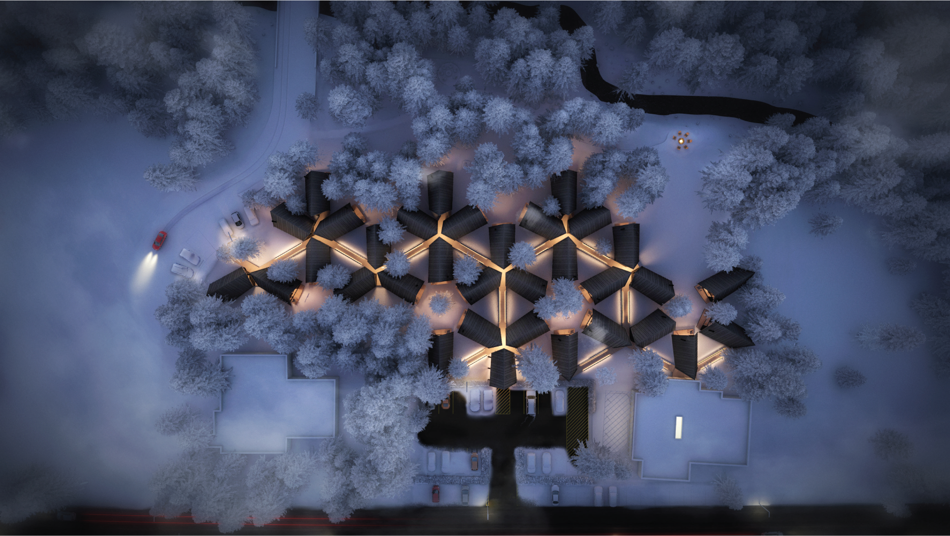 Top down view of the a frame buildings